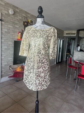 Sequin Embellished Cream Cocktail Dress